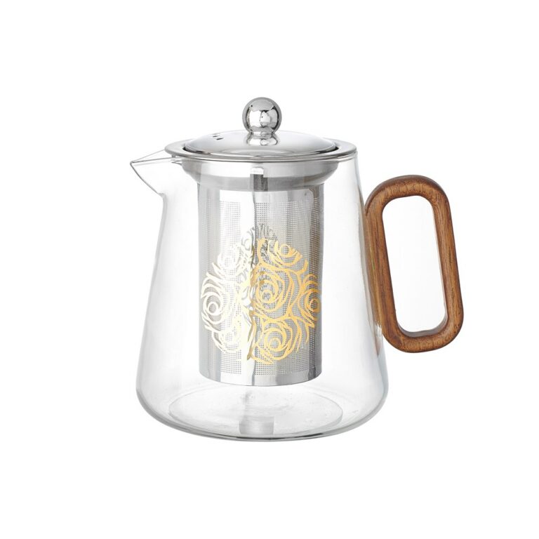 Tea & Coffee Sets Silver Stainless Steel Inner Liner Walnut Wood Handle Printed Glass Teapot