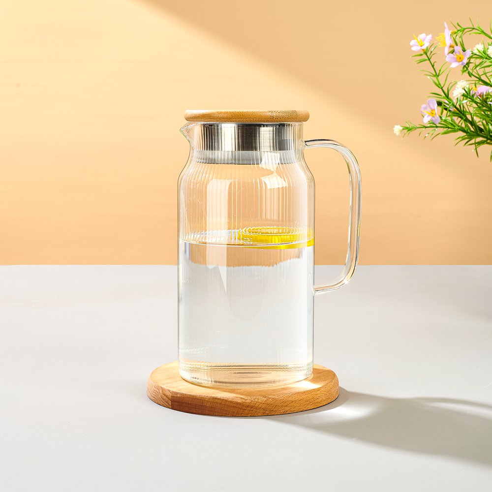 Tea & Coffee Sets Fine Vertical Grain Bamboo and Steel Lid Cold Water Pitcher