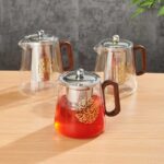 Tea & Coffee Sets Silver Stainless Steel Inner Liner Walnut Wood Handle Printed Glass Teapot